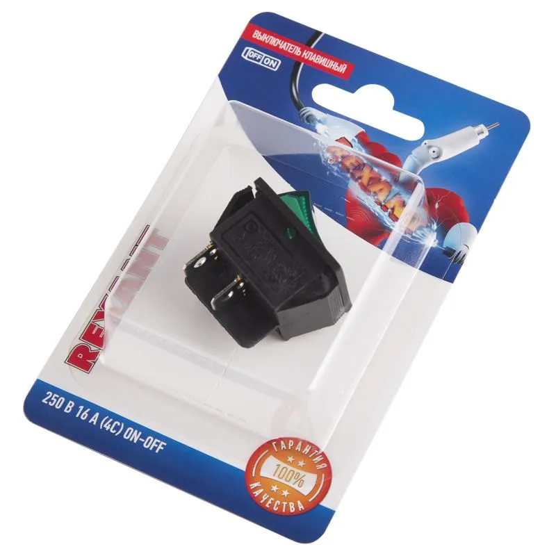 Выключатель клавишный 250V 16А (4с) ON-OFF зеленый  с подсветкой (RWB-502, SC-767, IRS-201-1)  REXANT (в упак. 1шт.) - Фото 4