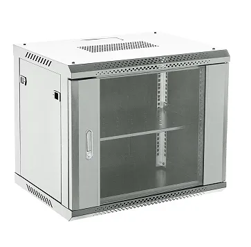 Настенный шкаф 19" 9U 600×600×501 (ШxГxВ), дверь стекло, металлическая задняя стенка, боковые съемные стенки, RAL 7035 REXANT 04-0966-111