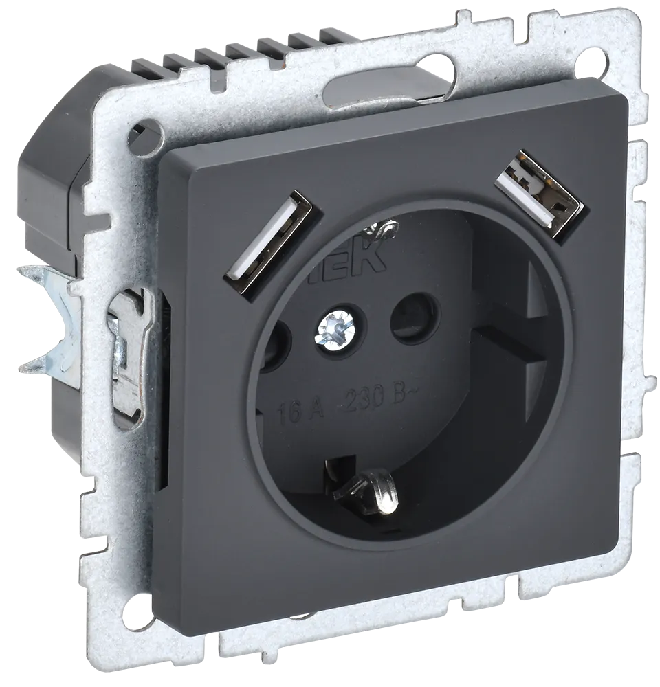 BRITE Розетка 1-местная с заземлением с защитными шторками 16А с USB A+A 5В 2,1А РЮш10-1-БрГ графит IEK