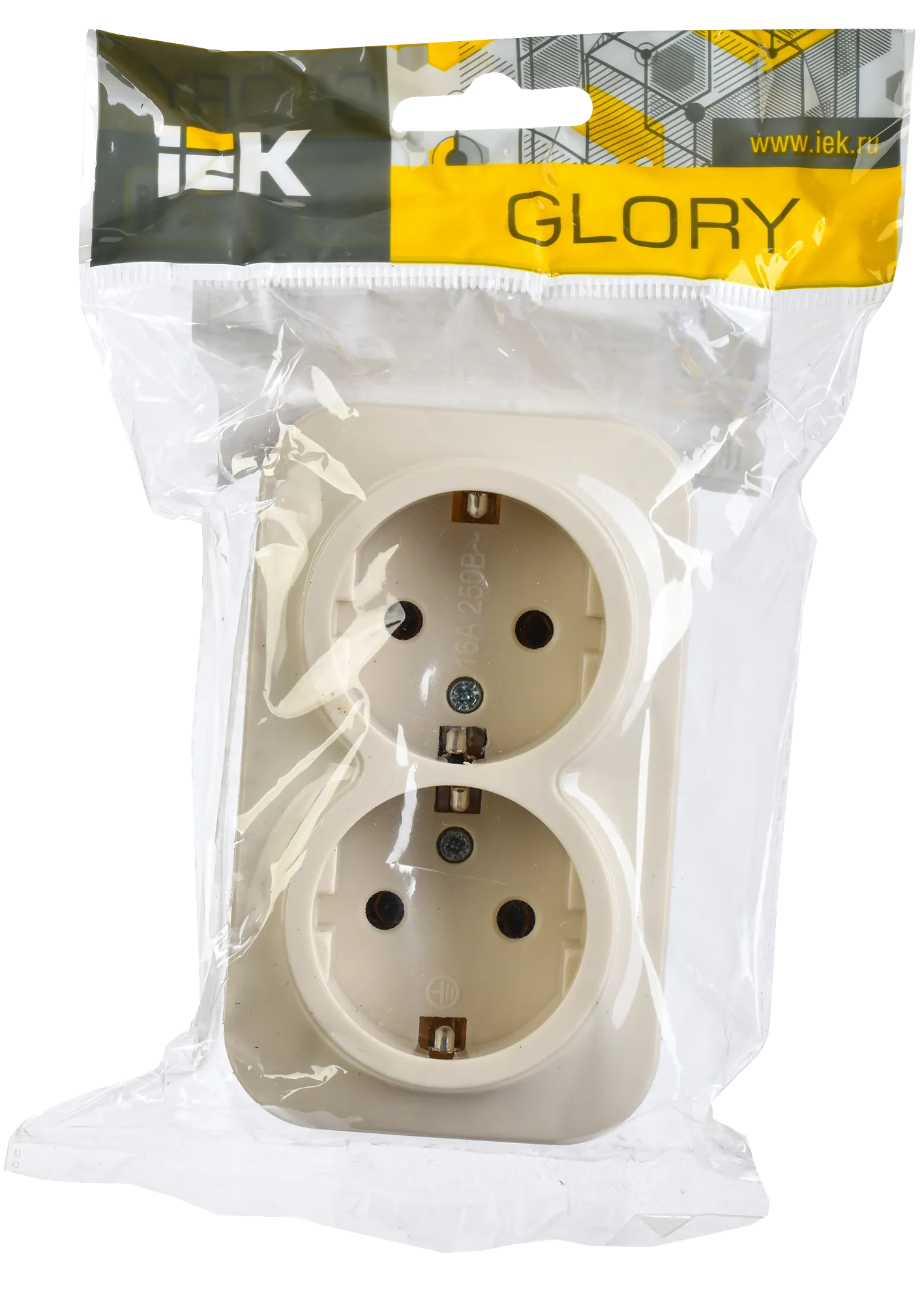 GLORY Розетка 2-местная для открытой установки с заземлением без защитных шторок 16А РС22-3-ХК кремовый IEK - Фото 2