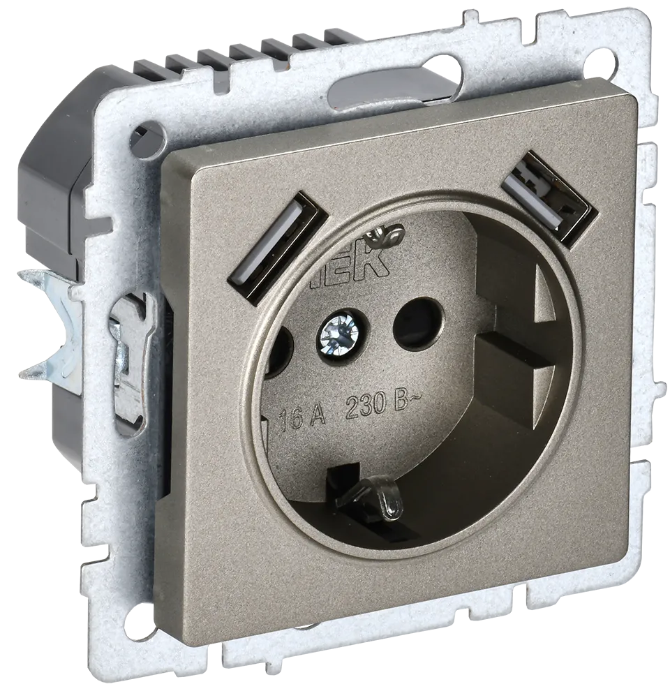 BRITE Розетка 1-местная с заземлением с защитными шторками 16А с USB A+A 5В 2,1А РЮш10-1-БрШ шампань IEK BR-R14-16-U21-D21-K37
