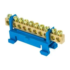 Шина "0" N (6x9мм) 10 отв. латунь синий изолятор тип "Стойка" на DIN-рейку розн. стикер EKF sn0-63-10-sb-r