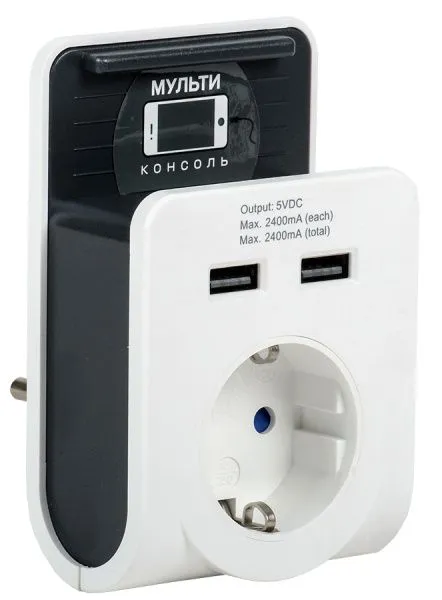 Адаптер Т-02/01 1 место с заземлением 16А 2хUSB 2,4А с подставкой белый IEK WTP11-16-01-Z-K01