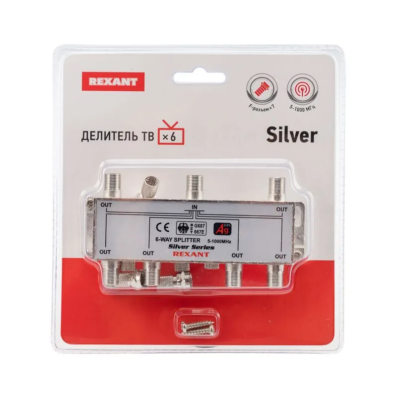 Делитель ТВх6 под F-разъем, 5-1000МГц, Silver (7 F-разъемов в комплекте) REXANT - Фото 3
