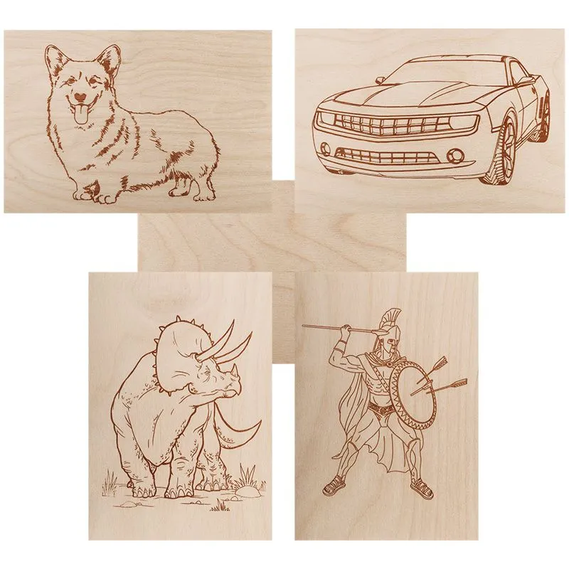 Доски для выжигания «Набор №2» (воин, динозавр, собака, машина, без рисунка), 148х210мм (А5), 5 шт., пакет REXANT 12-0937