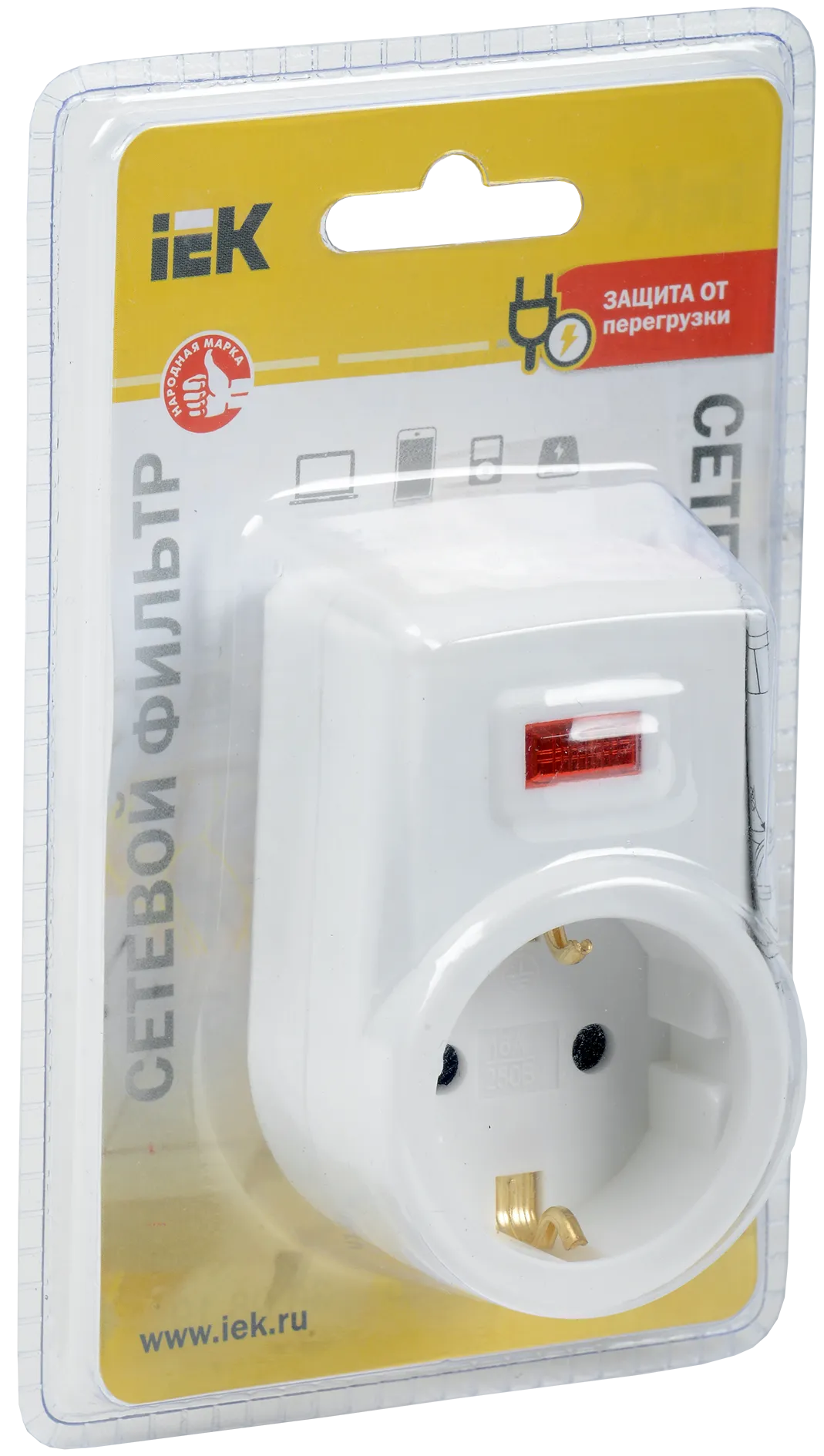 Сетевой фильтр СФ-01 1 место с заземлением 16А/250В белый IEK - Фото 2