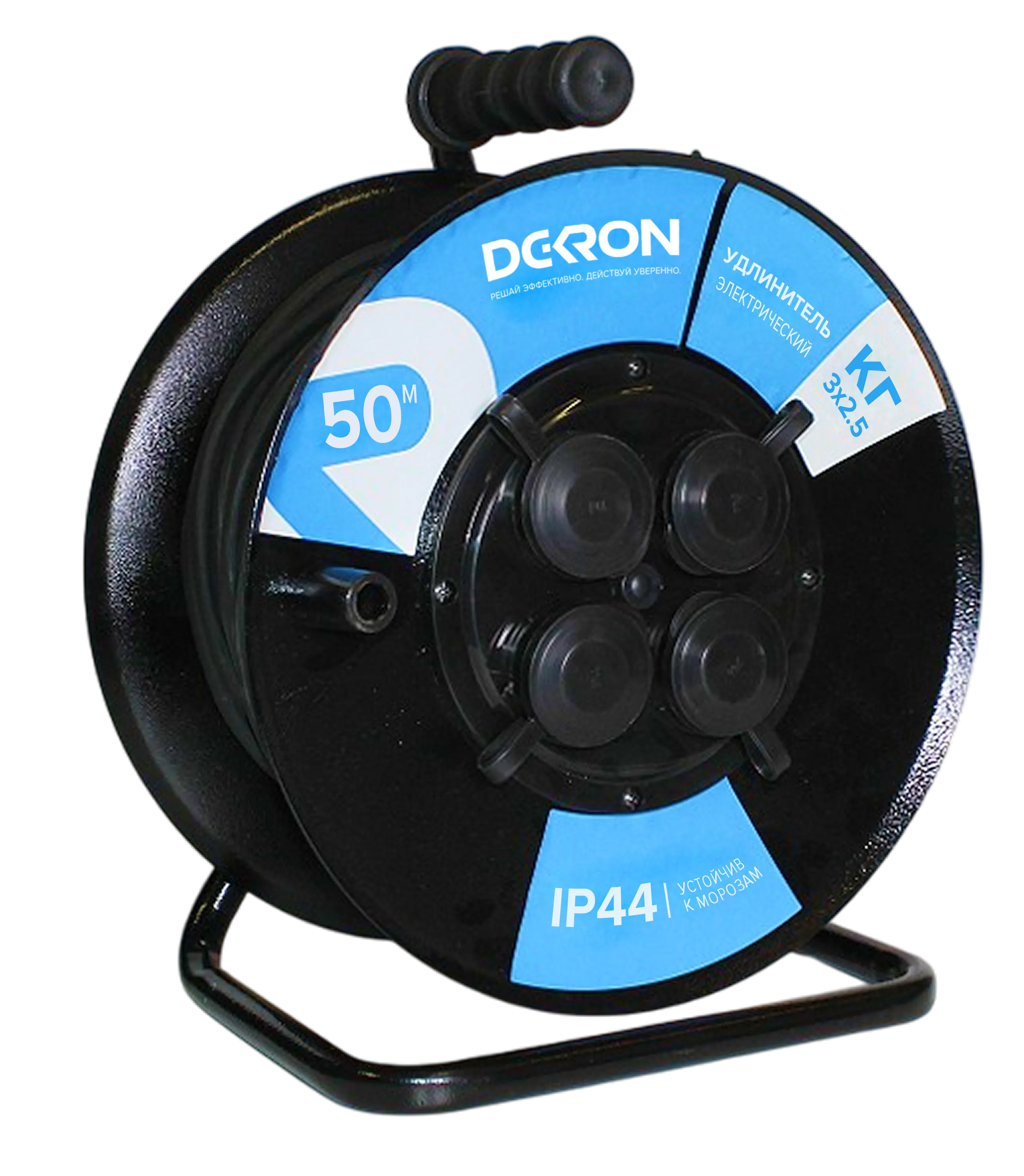 Удлинитель УКП-44 силовой на катушке 4 гн. ПВС 3х2,5 IP44 с/з 50м с автоматом защиты (катушка пластик) 16А 3500Вт