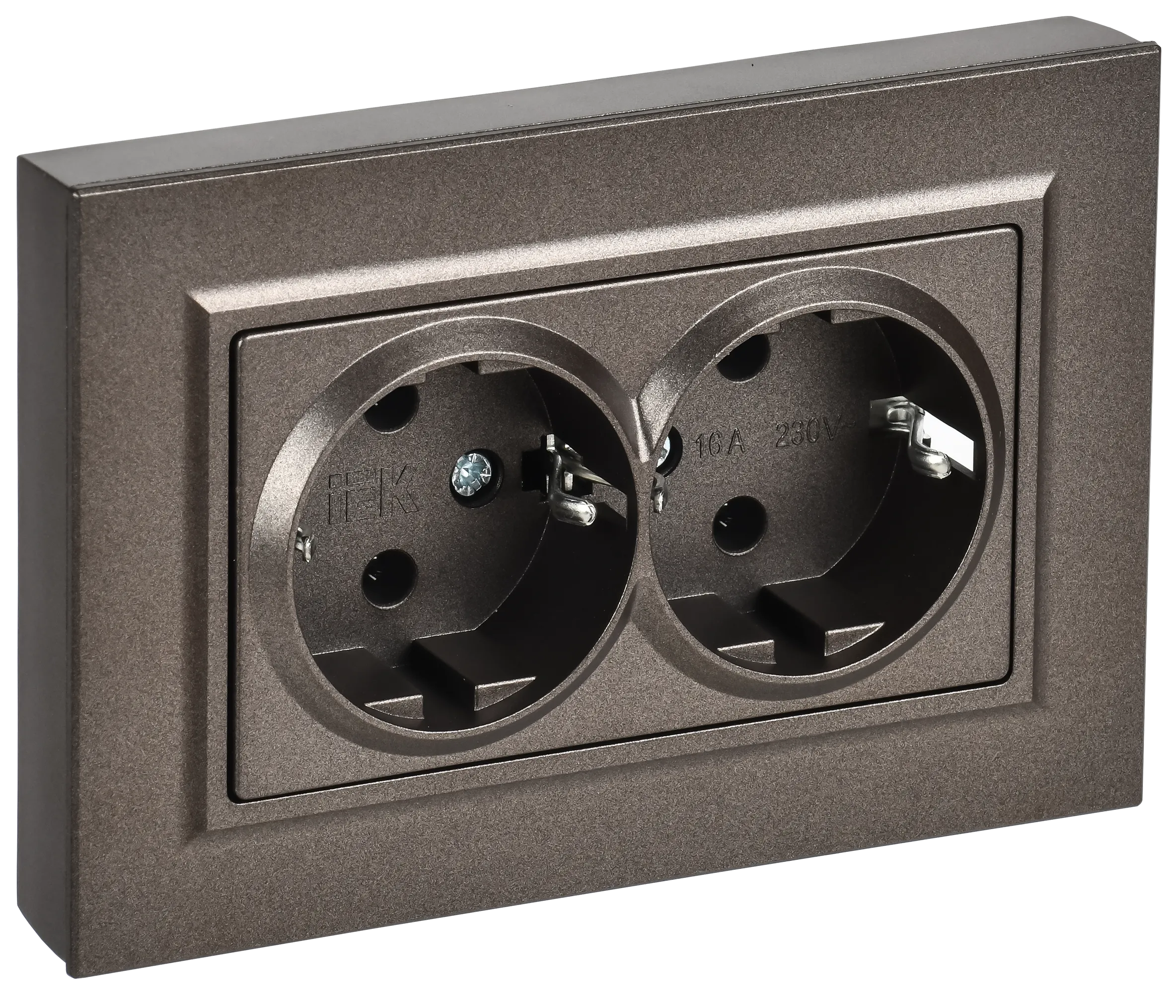 BRITE Розетка 2-местная с заземлением без защитных шторок плоская 16А в сборе РСПл12-3-БрТБ темная бронза IEK