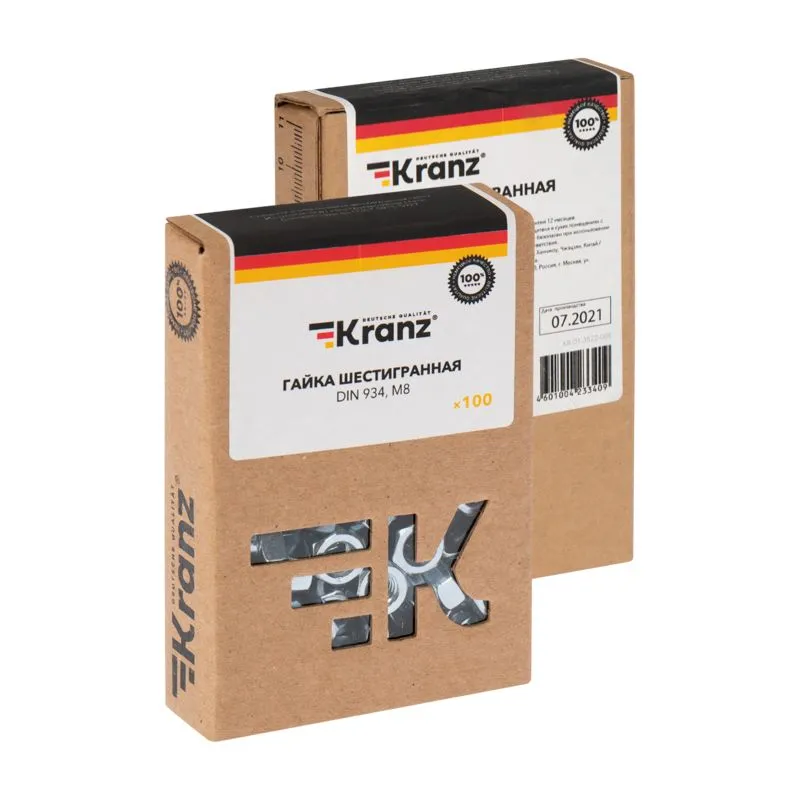 Гайка шестигранная DIN 934, M8 короб (100 шт/уп) KRANZ - Фото 3