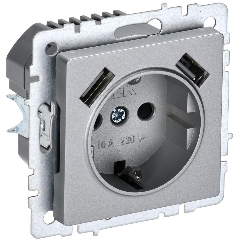 BRITE Розетка 1-местная с заземлением с защитными шторками 16А с USB A+A 5В 2,1А РЮш10-1-БрА алюминий IEK BR-R14-16-U21-D21-K47