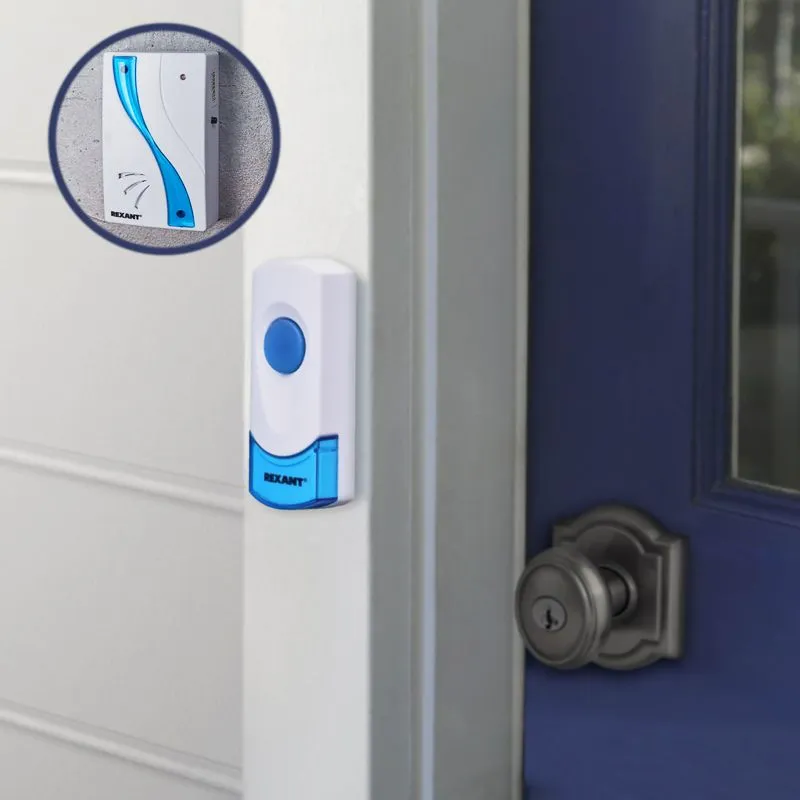 Беспроводной дверной звонок 32 мелодии 100м кнопка IP 44 (белый/синий) REXANT RX-2 - Фото 2