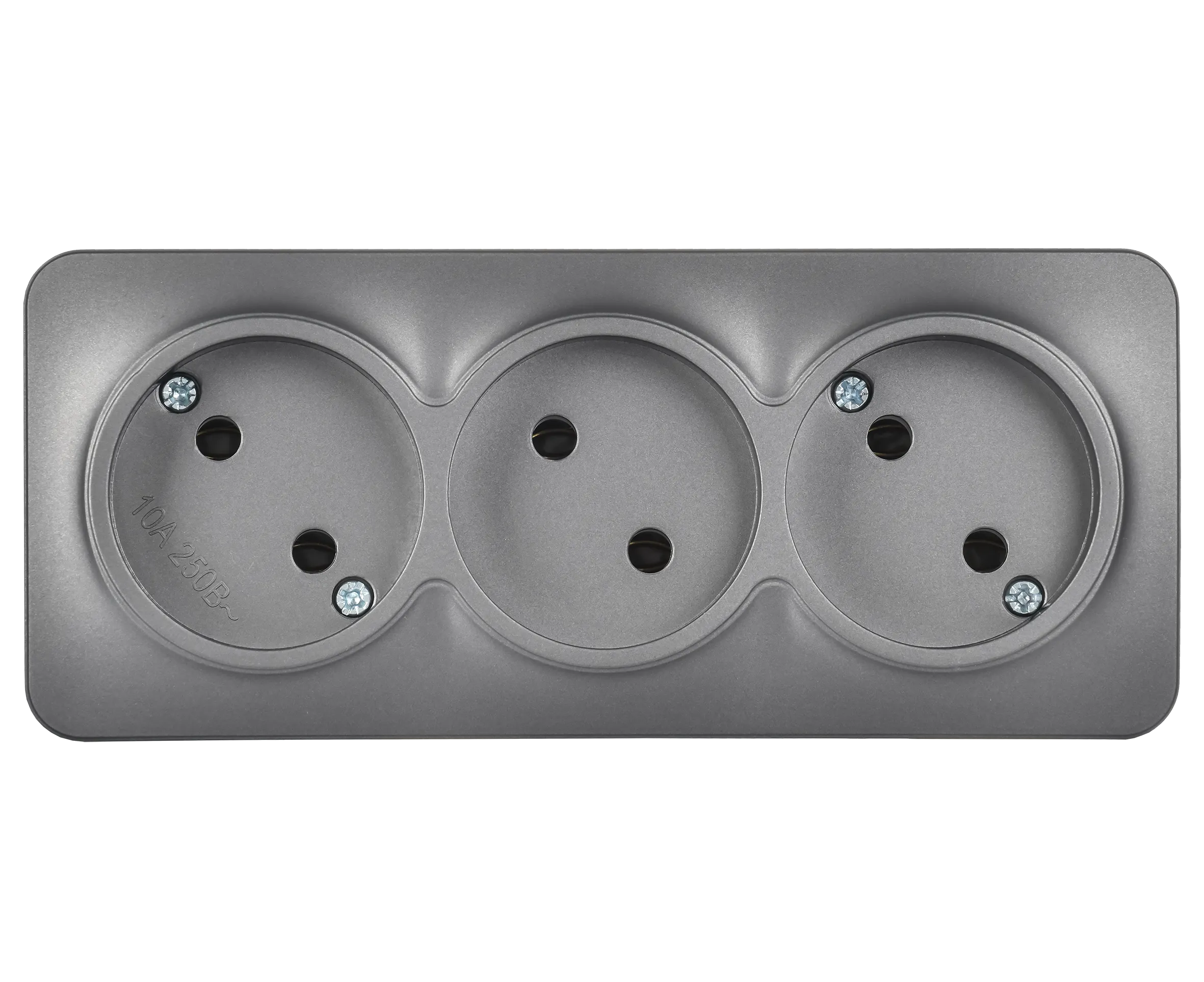 GLORY Розетка 3-местная для открытой установки без заземления без защитных шторок 10А РС23-2-ХСм сталь матовый IEK - Фото 5