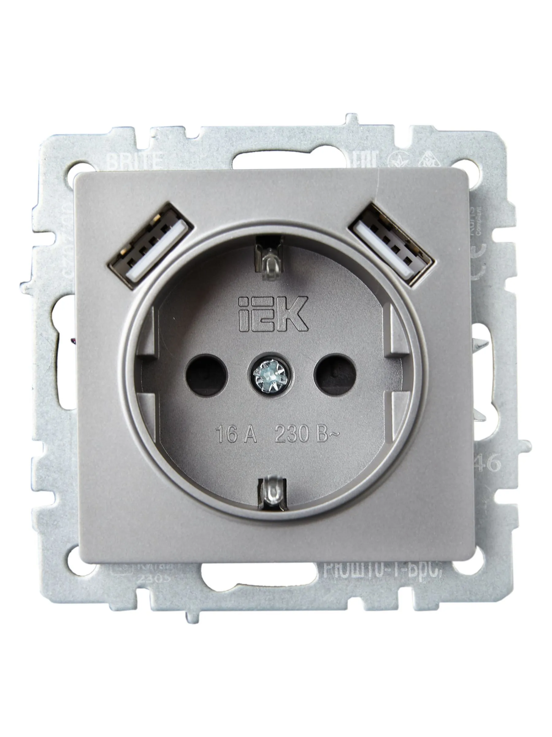 BRITE Розетка 1-местная с заземлением с защитными шторками 16А с USB A+A 5В 2,1А РЮш10-1-БрС сталь IEK - Фото 6