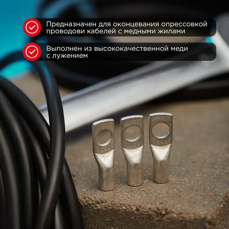 Наконечник медный луженый ТМЛ 16–8–6 (16мм² - Ø8мм) ГОСТ 7386-80 (в упак. 5 шт.) REXANT - Фото 2