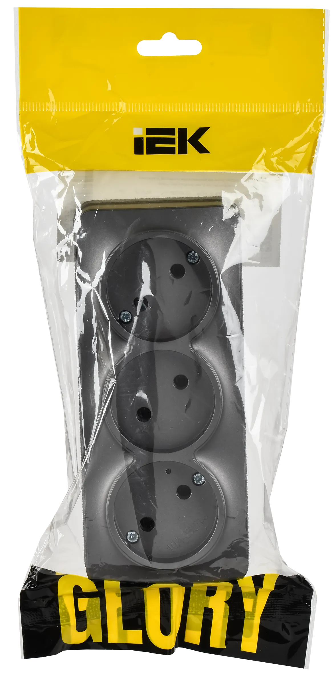 GLORY Розетка 3-местная для открытой установки без заземления без защитных шторок 10А РС23-2-ХСм сталь матовый IEK - Фото 2