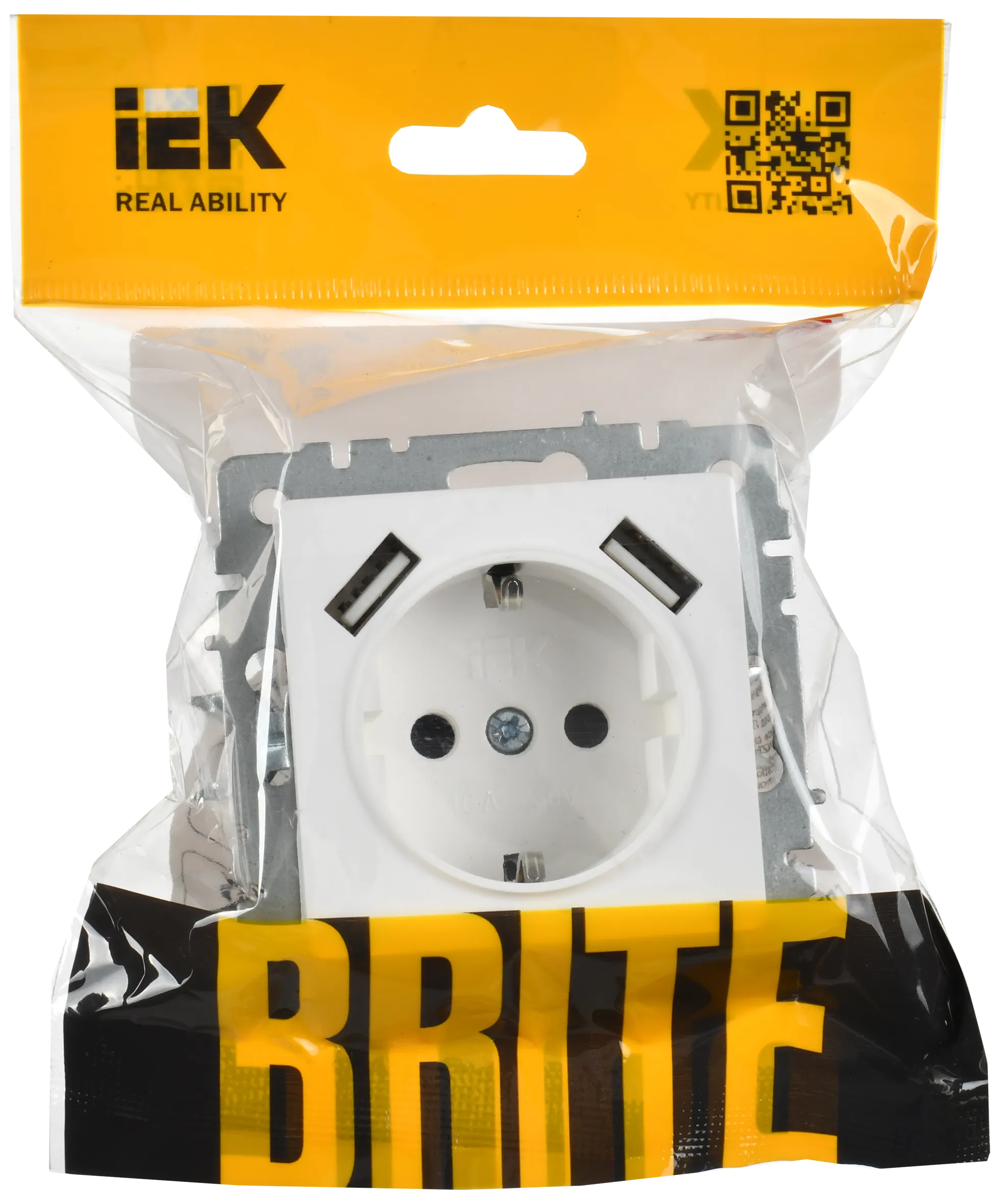 BRITE Розетка 1-местная с заземлением с защитными шторками 16А с USB A+A 5В 3,1А РЮш10-2-БрАБ арктический белый IEK - Фото 2