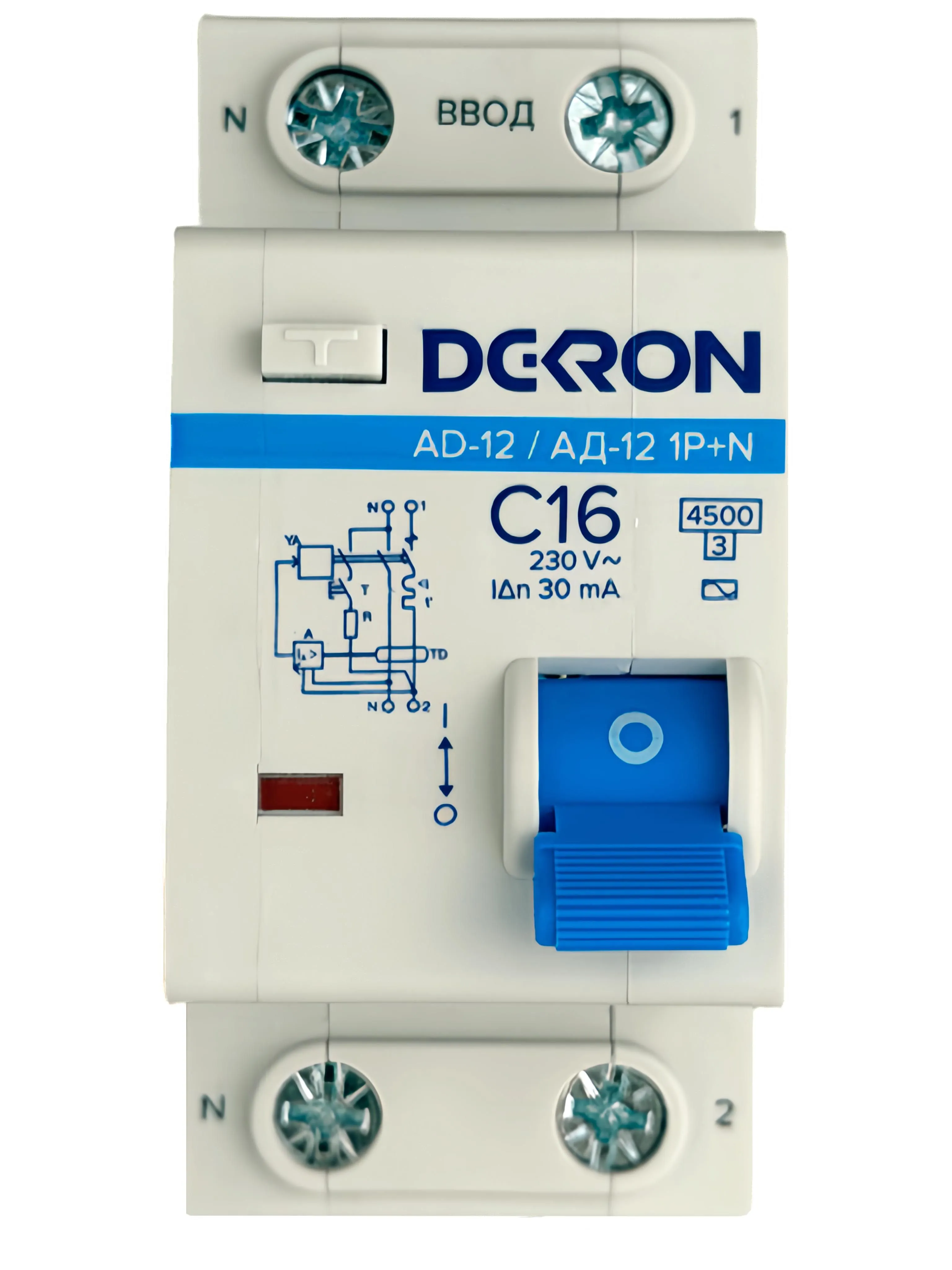 Автоматический выключатель дифференциального тока АД12 1P+N С16A АС30мА 4.5KA ad12-2-C16-30AC-dek