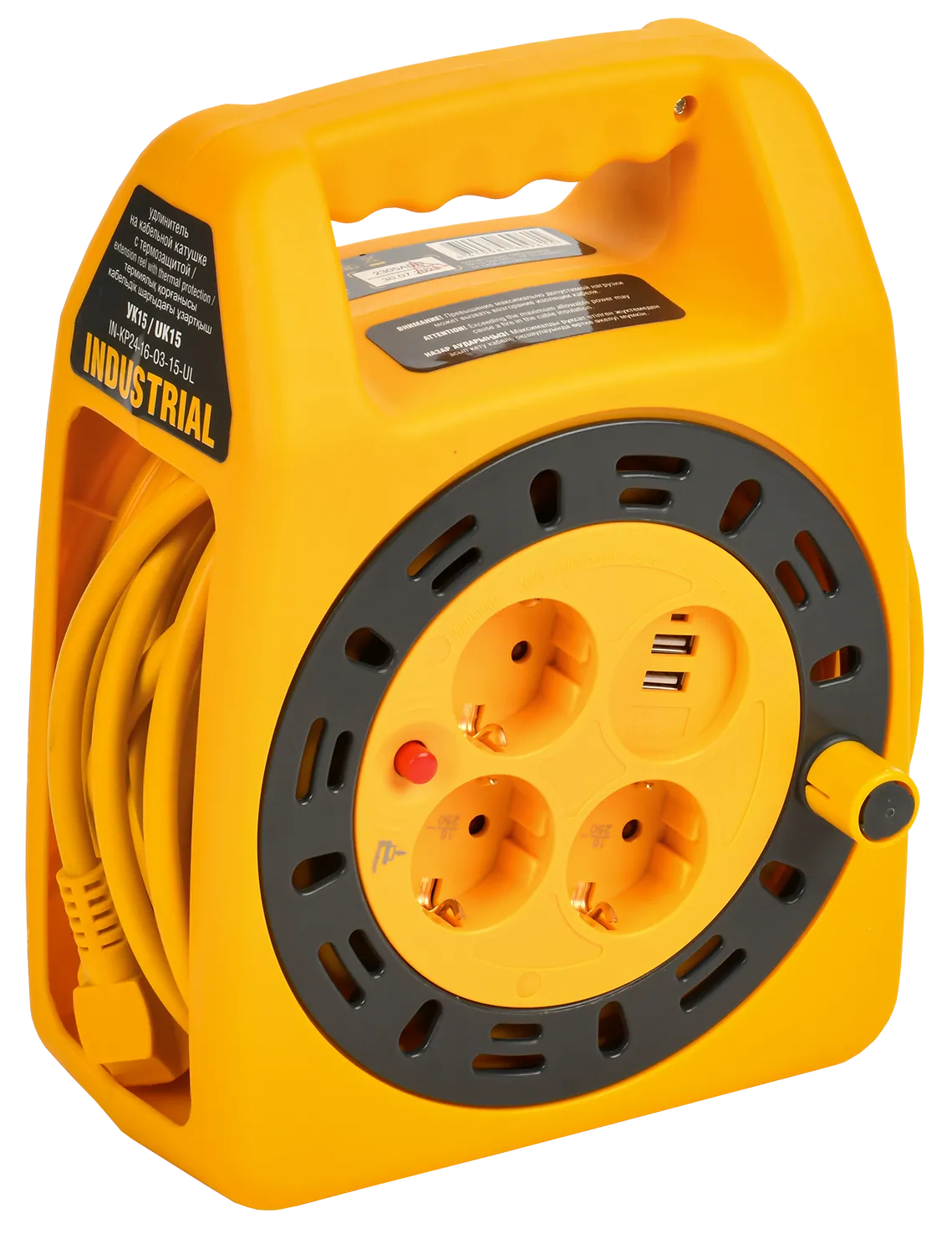 INDUSTRIAL Катушка УК15 3 места с заземлением с термозащитой 3х1,5мм2 с USBх2 с LED-подсветкой 15м IEK