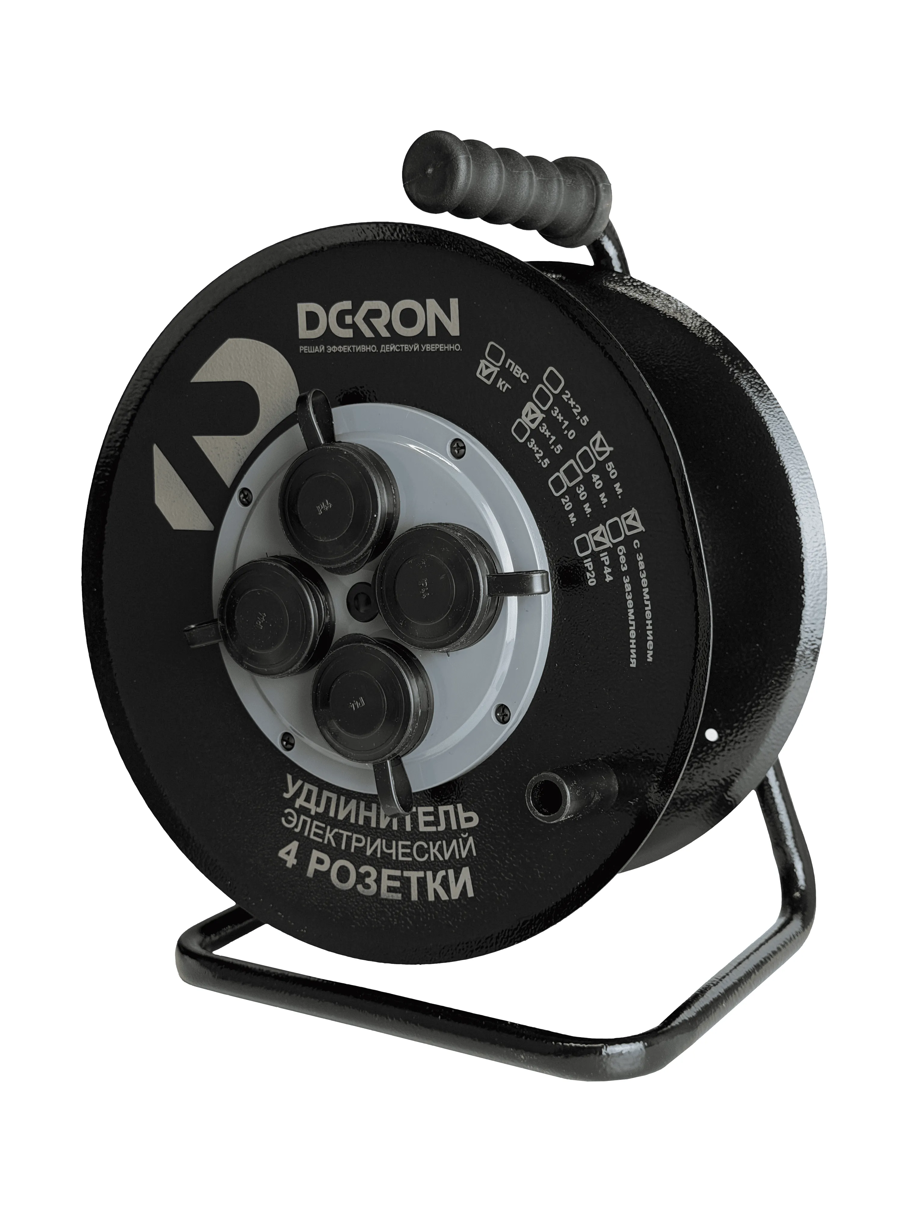 Удлинитель на катушке (металл) УХз-16-4-50-КМ УХЛ2, 4 гнезда с заземлением и крышками, КГ 3х1,5 50м, 16А, IP44 DEKRON DEK0906-0004