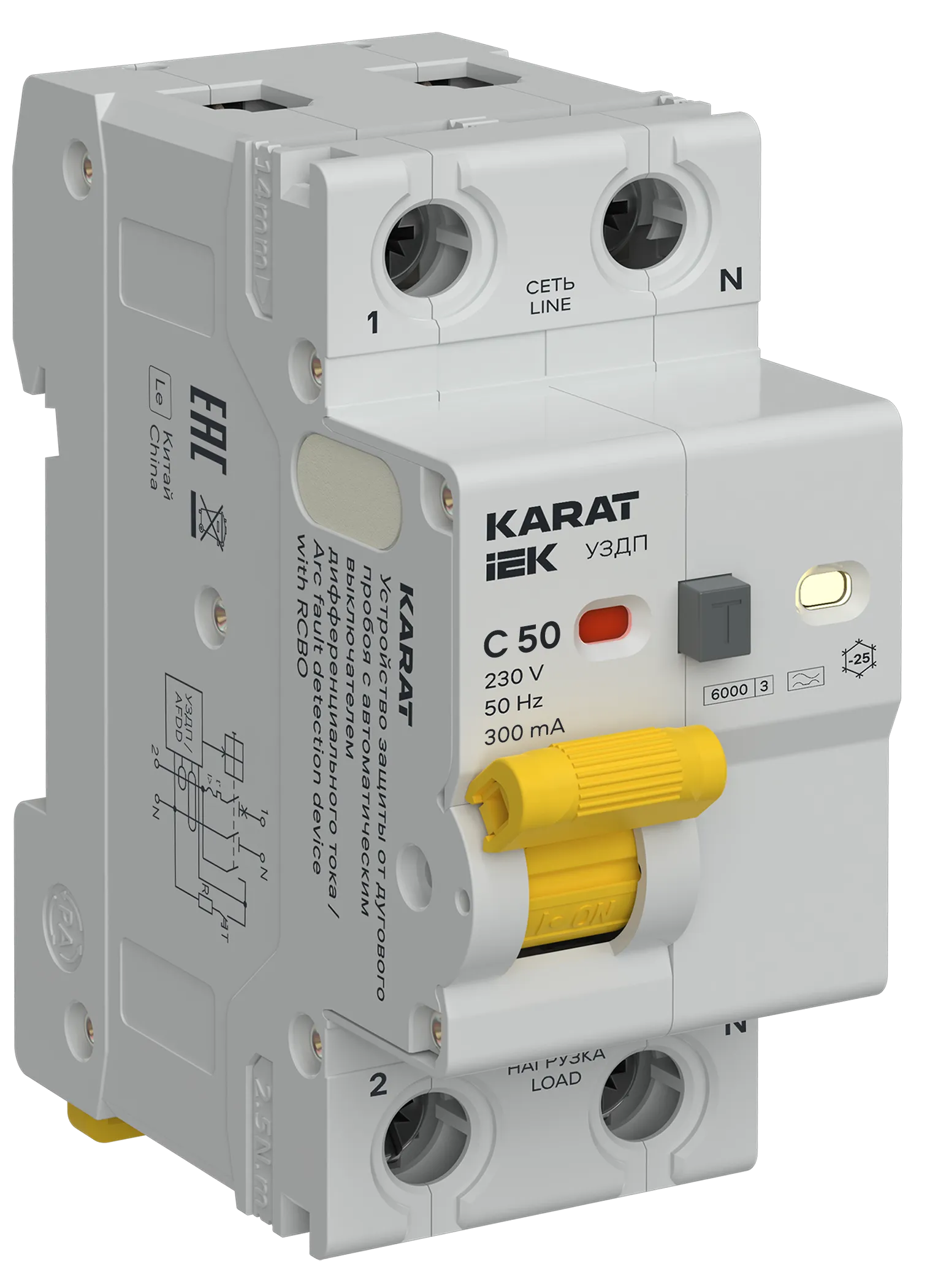 KARAT Устройство защиты от дугового пробоя с выключателем автоматическим дифференциального тока 1P+N C 50А 300мА тип A IEK KA-DP12-1-050-C-300-A