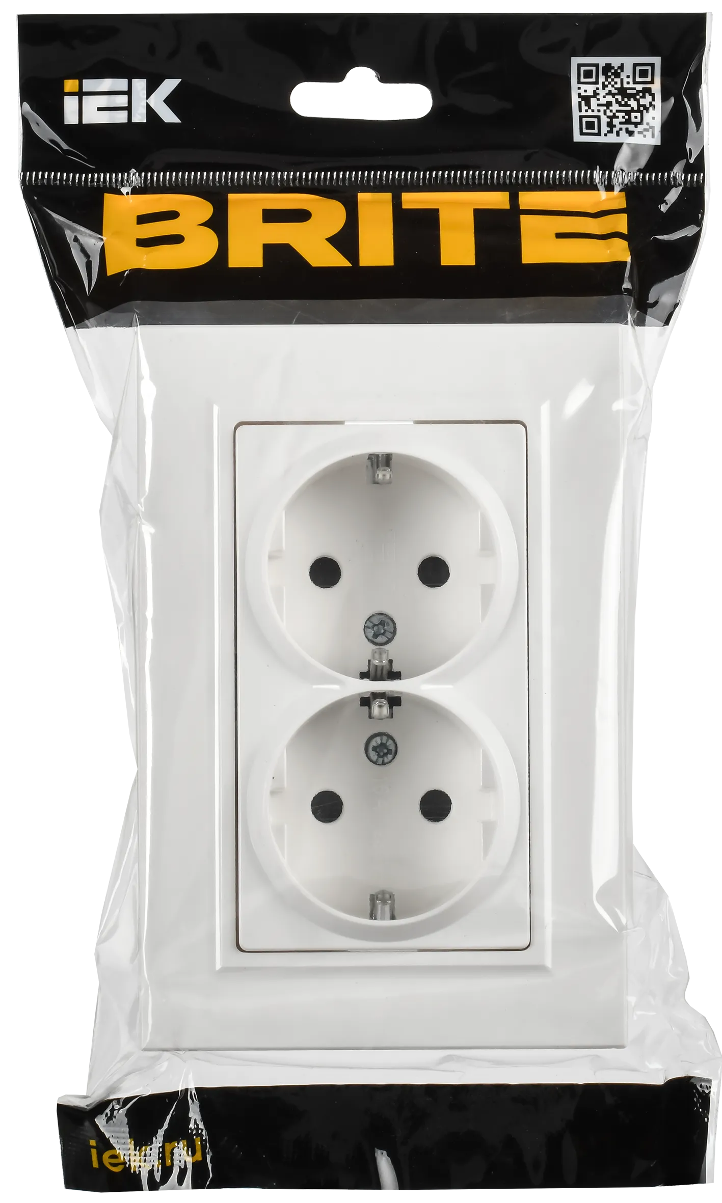 BRITE Розетка 2-местная с заземлением с защитными шторками плоская 16А в сборе РСшПл12-3-БрАБ арктический белый IEK - Фото 2