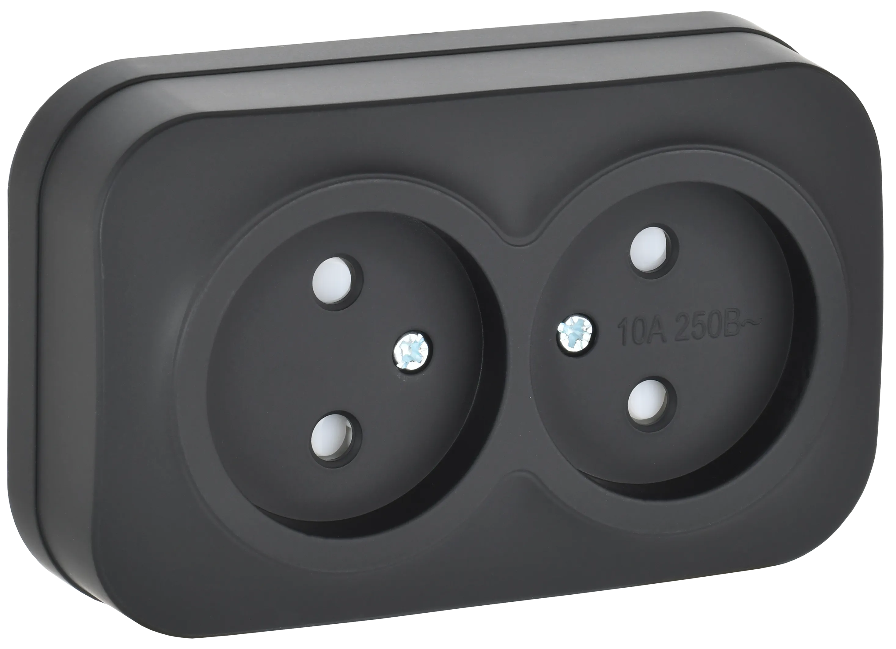 GLORY Розетка 2-местная для открытой установки без заземления с защитными шторками 10А РСш22-2-ХЧм черный матовый IEK