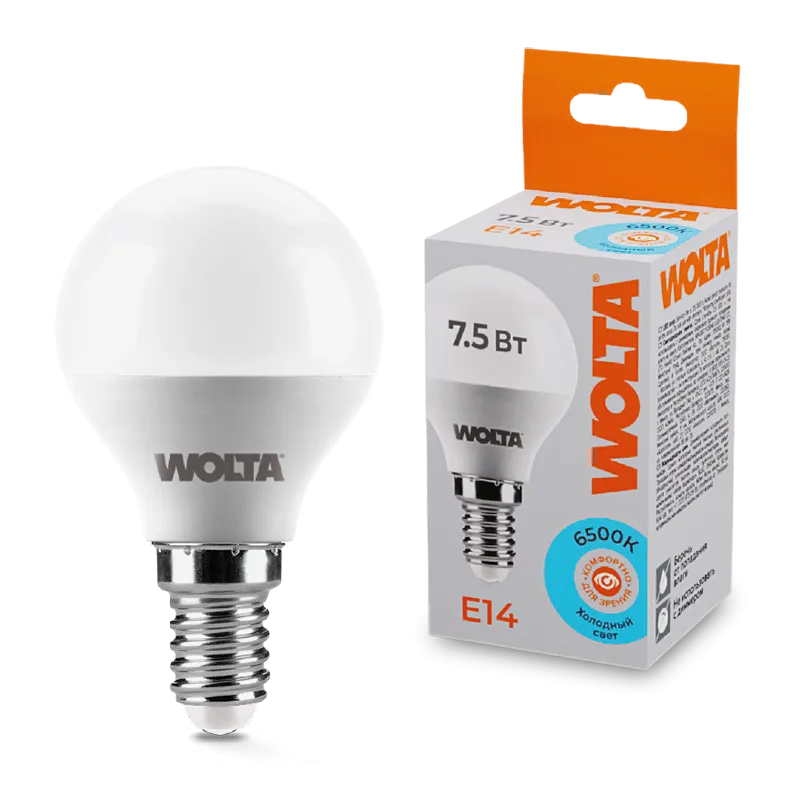 Лампа светодиодная "Шар G45" 7.5Вт 450лм 6500К Е14 (50шт/уп) WOLTA 25W45GL7.5E14