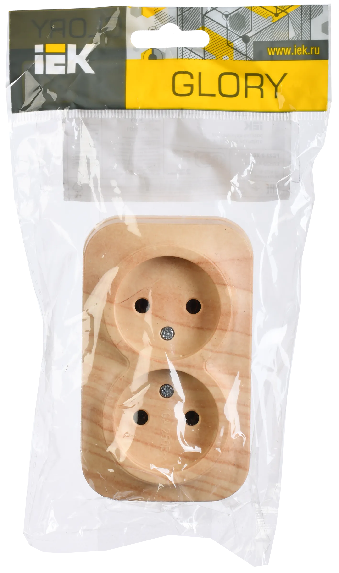 GLORY Розетка 2-местная для открытой установки без заземления без защитных шторок 10А РС22-2-ХС сосна IEK - Фото 2