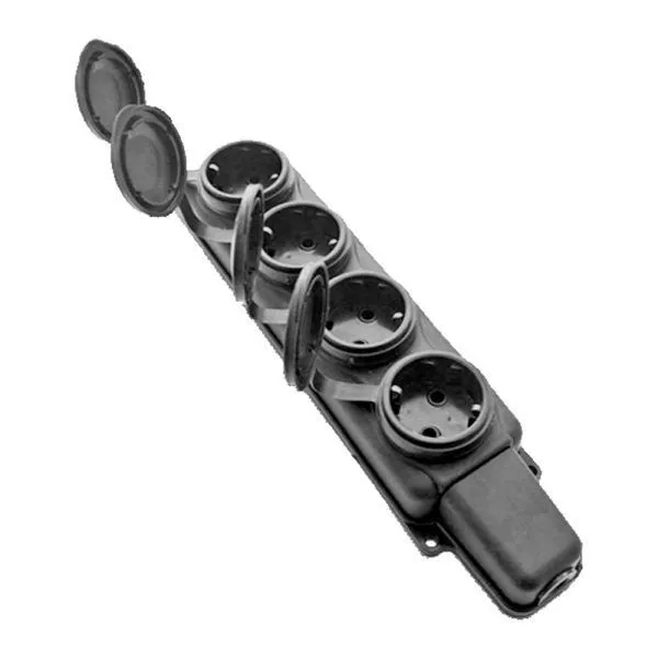 Розетка 4-местная каучуковая РП 16-432, 16А, IP44 с заземлением, брызгозащищенная, черная DEKRON