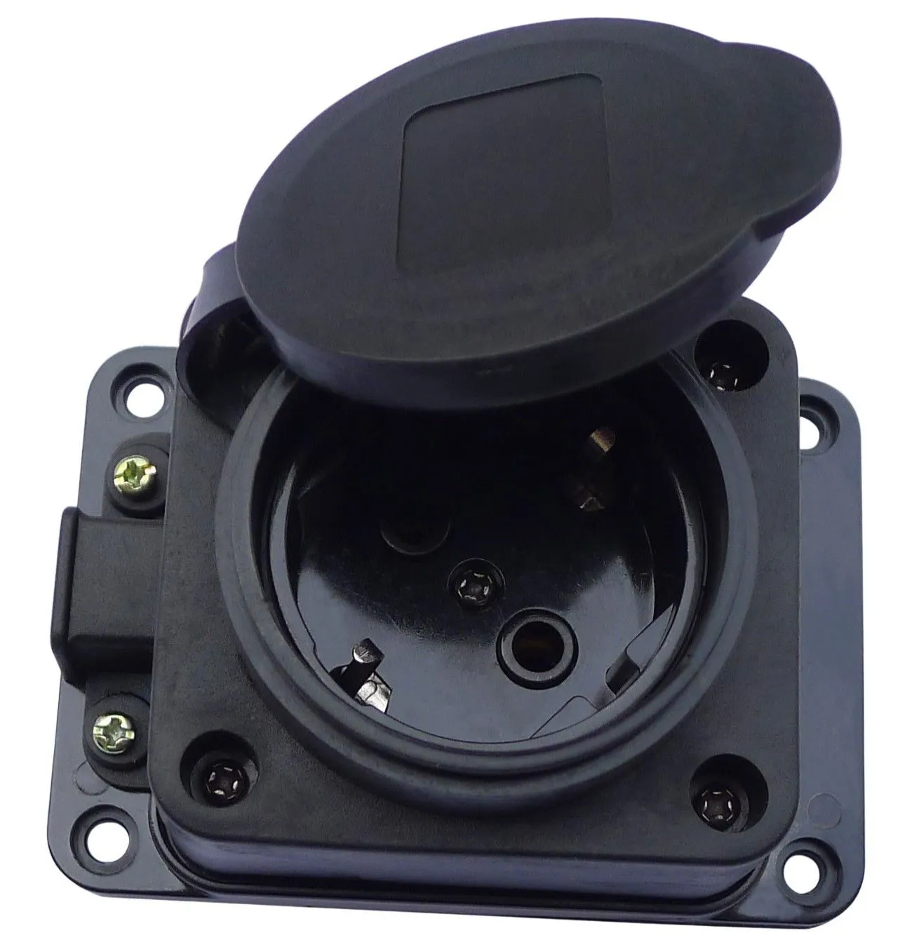 Розетка 1-местная огнестойкая с защитной крышкой 16A, 250V, каучук, черный DEKRON для дома