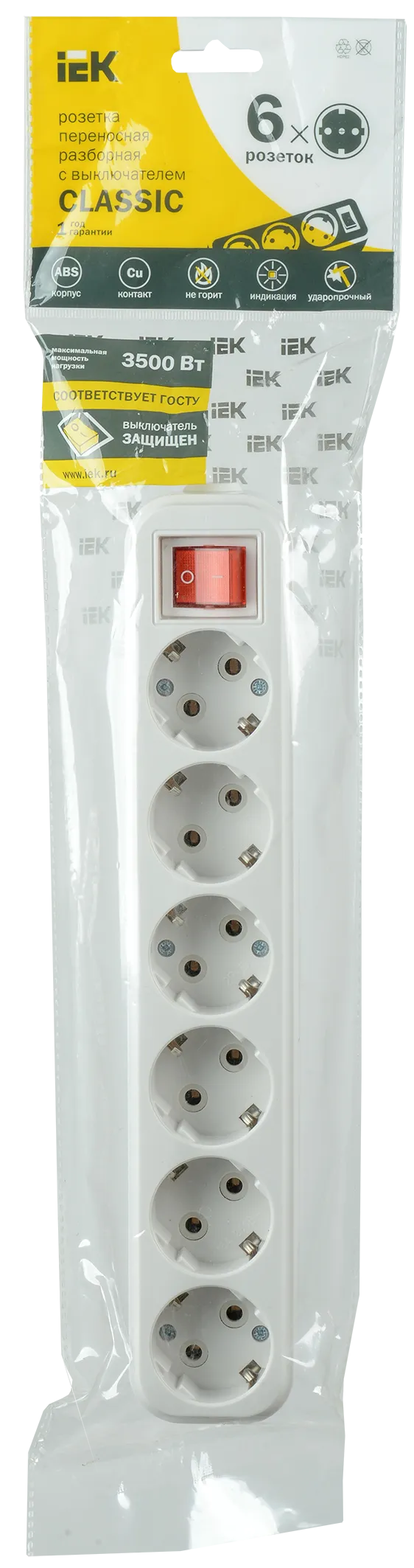 Розетка переносная разборная с заземлением с выключателем К06В 6 мест CLASSIC IEK - Фото 2