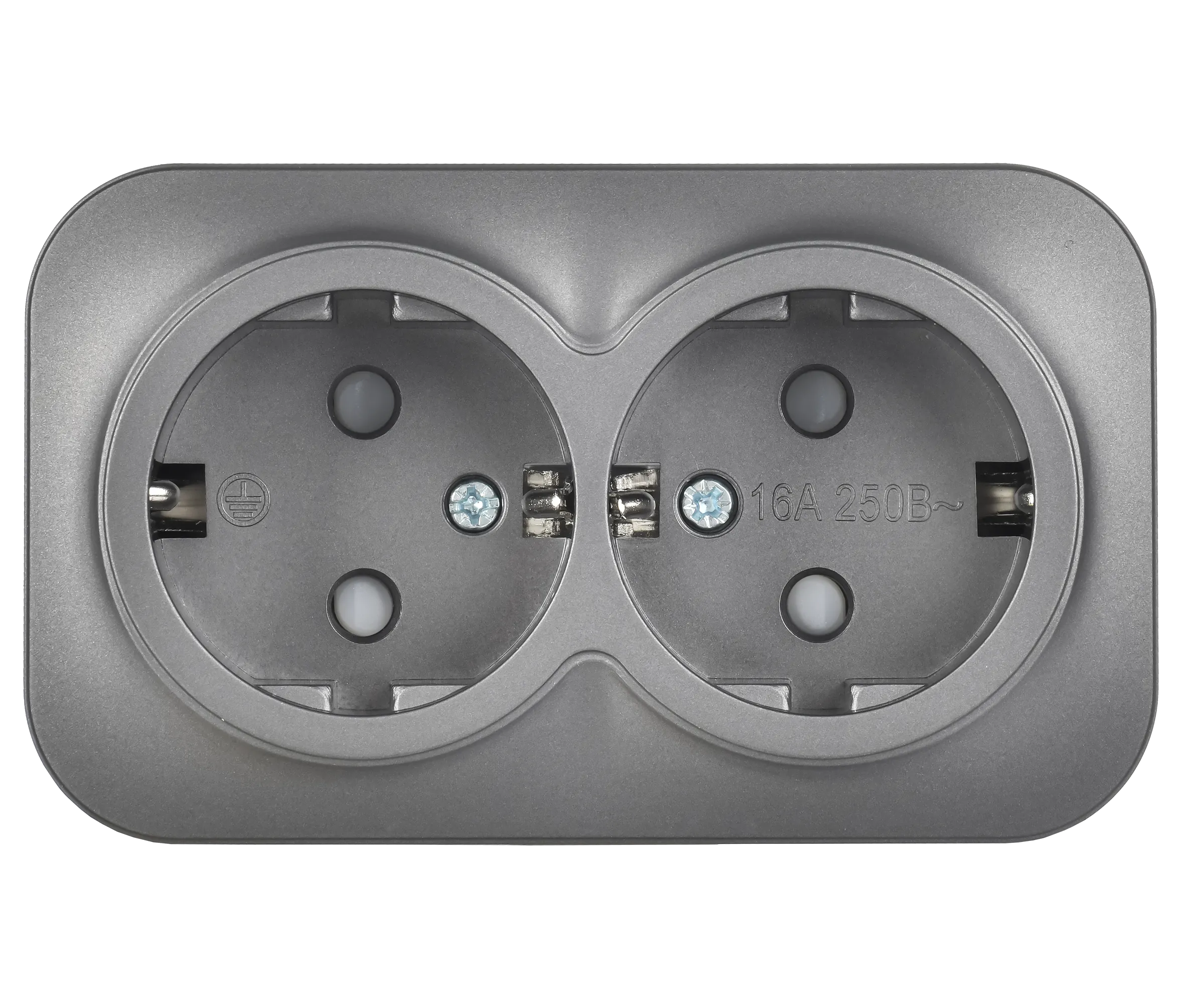 GLORY Розетка 2-местная для открытой установки с заземлением с защитными шторками 16А РСш22-3-ХСм сталь матовый IEK - Фото 5