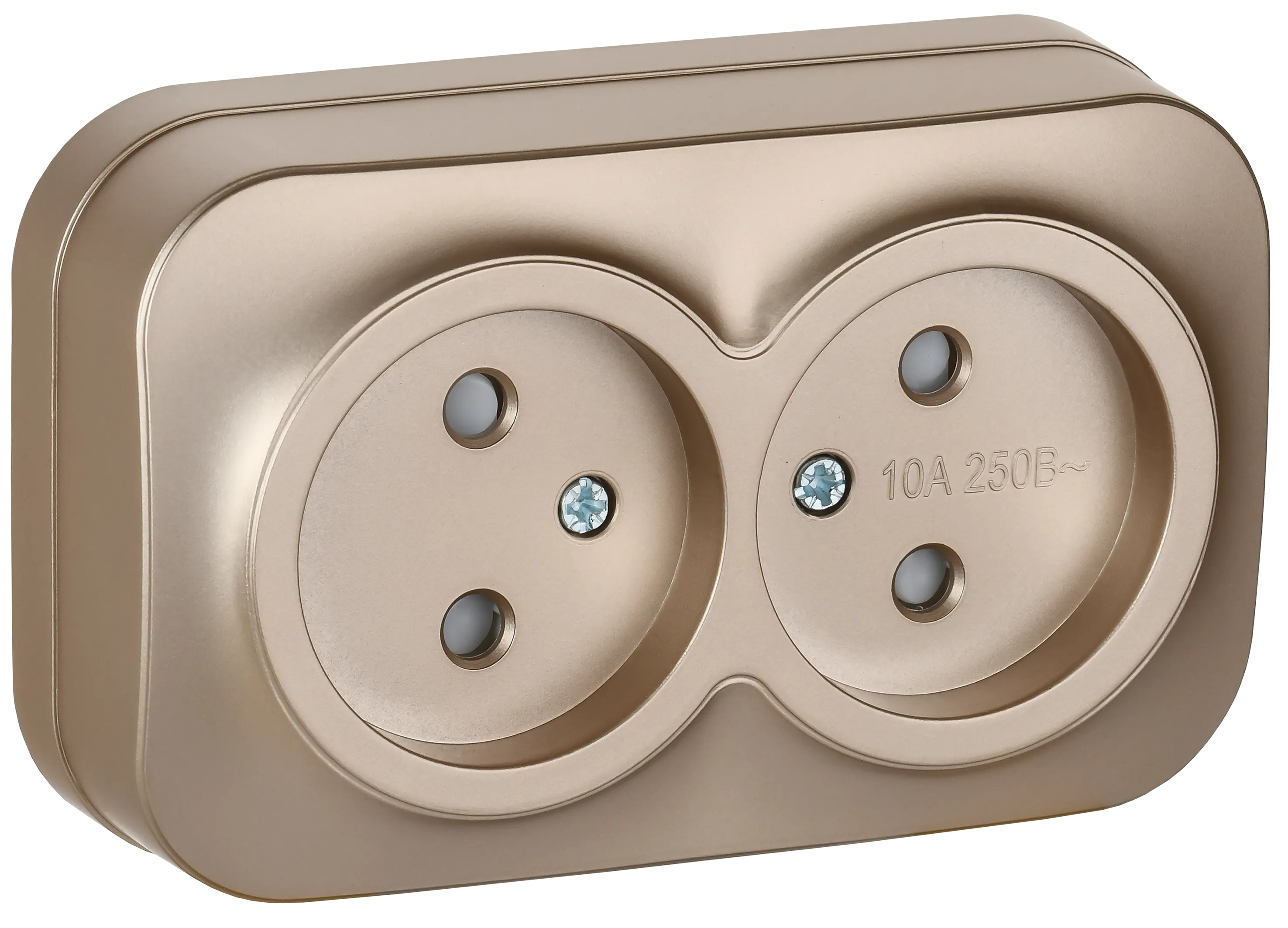 GLORY Розетка 2-местная для открытой установки без заземления с защитными шторками 10А РСш22-2-ХШм шампань матовый IEK