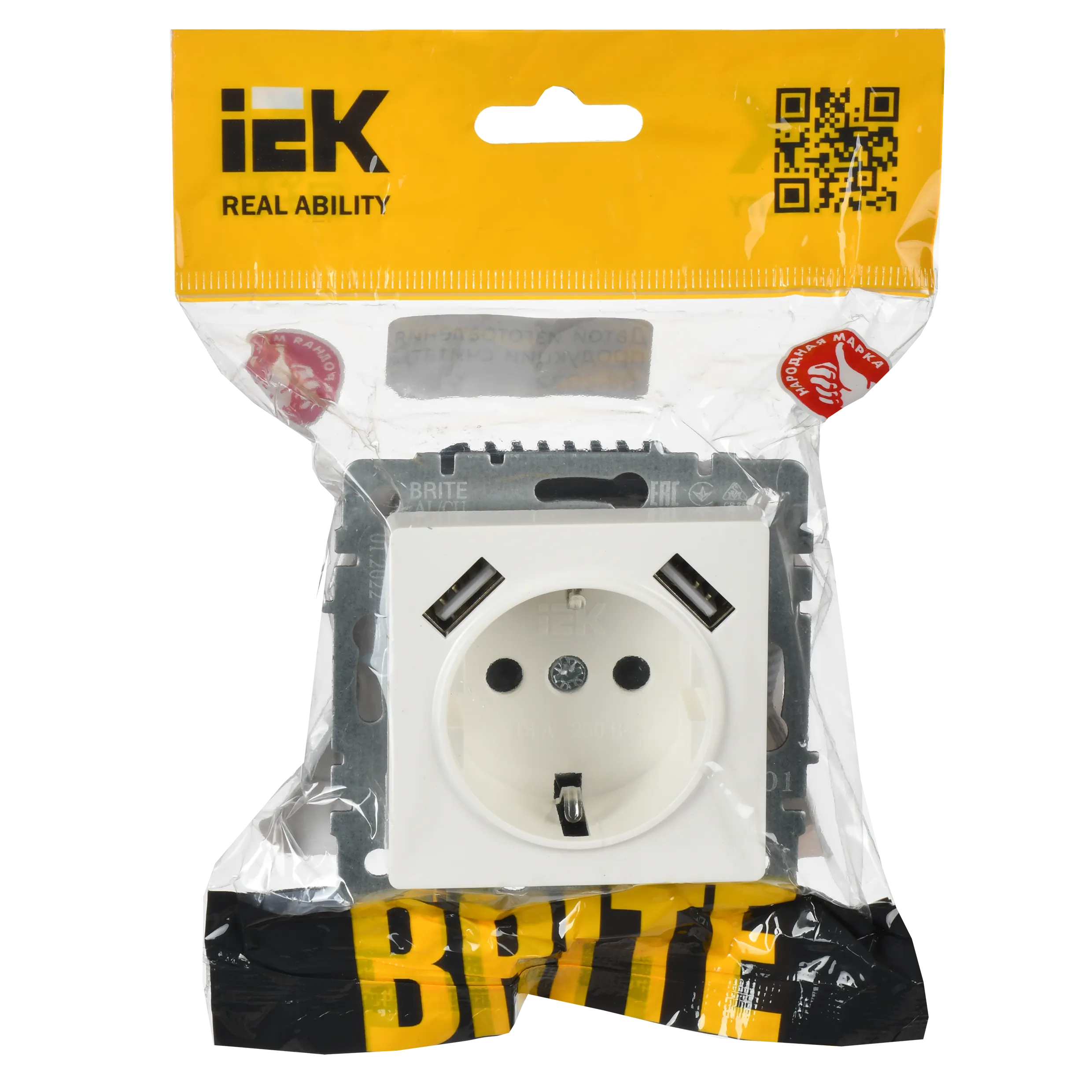 BRITE Розетка 1-местная с заземлением с защитными шторками 16А с USB A+A 5В 2,1А РЮш10-1-БрБ белый IEK - Фото 2
