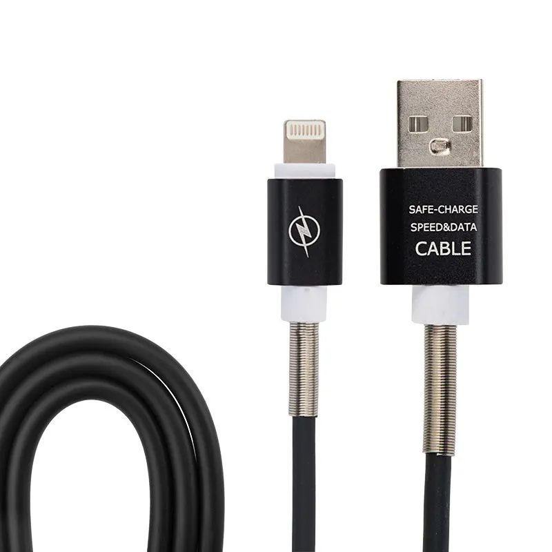USB кабель для iPhone 5/6/7/8/Х моделей, черный силикон, 1 метр  (с пружиной) REXANT