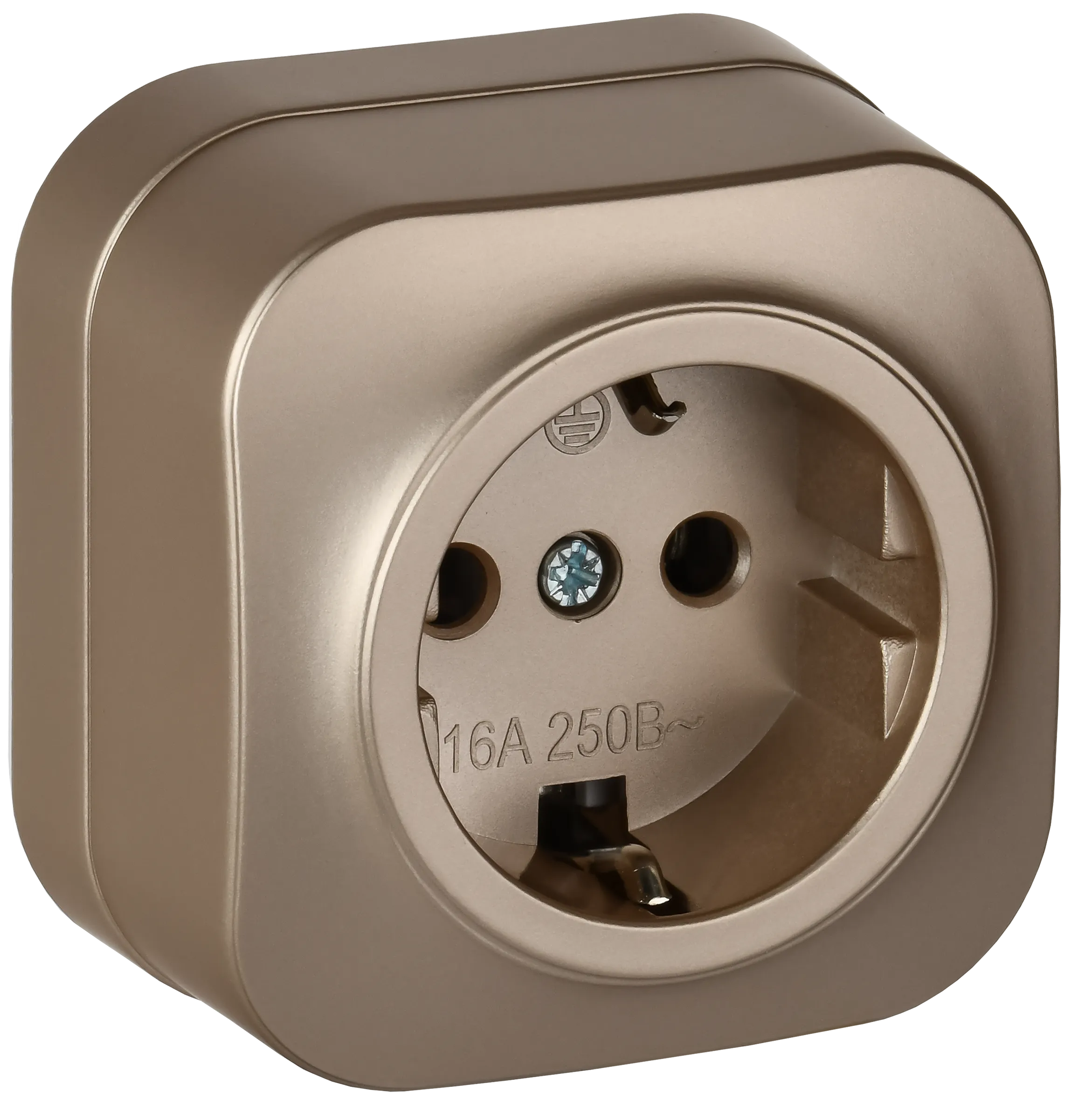 GLORY Розетка 1-местная для открытой установки с заземлением без защитных шторок 16А РС20-3-ХШм шампань матовый IEK ERH11-K37M-16