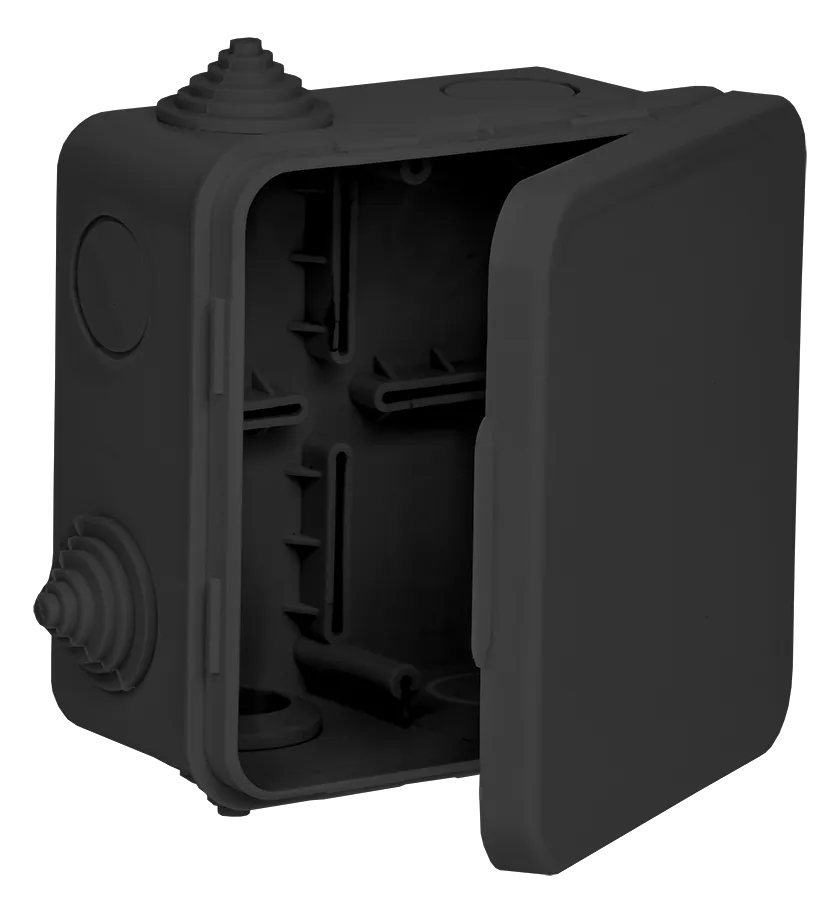 Коробка распаячная КМ41256 для открытой проводки с откидной крышкой безгалогенная (HF) 100х100х50мм IP54 8 гермовводов черная (RAL 9005) IEK UKO31-100-100-050-K02-54