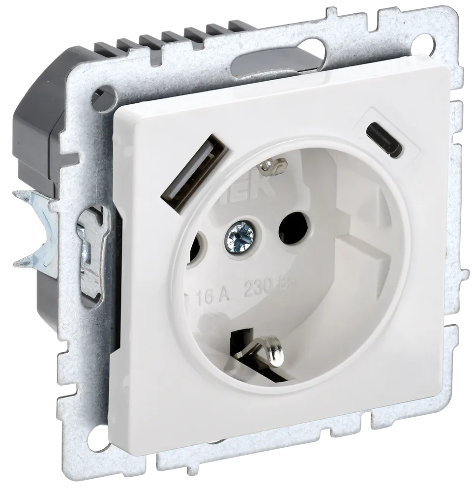 BRITE Розетка 1-местная с заземлением с защитными шторками 16А с USB A+C 18Вт РЮш11-1-БрБ белый IEK BR-R14-16-U22-018-K01