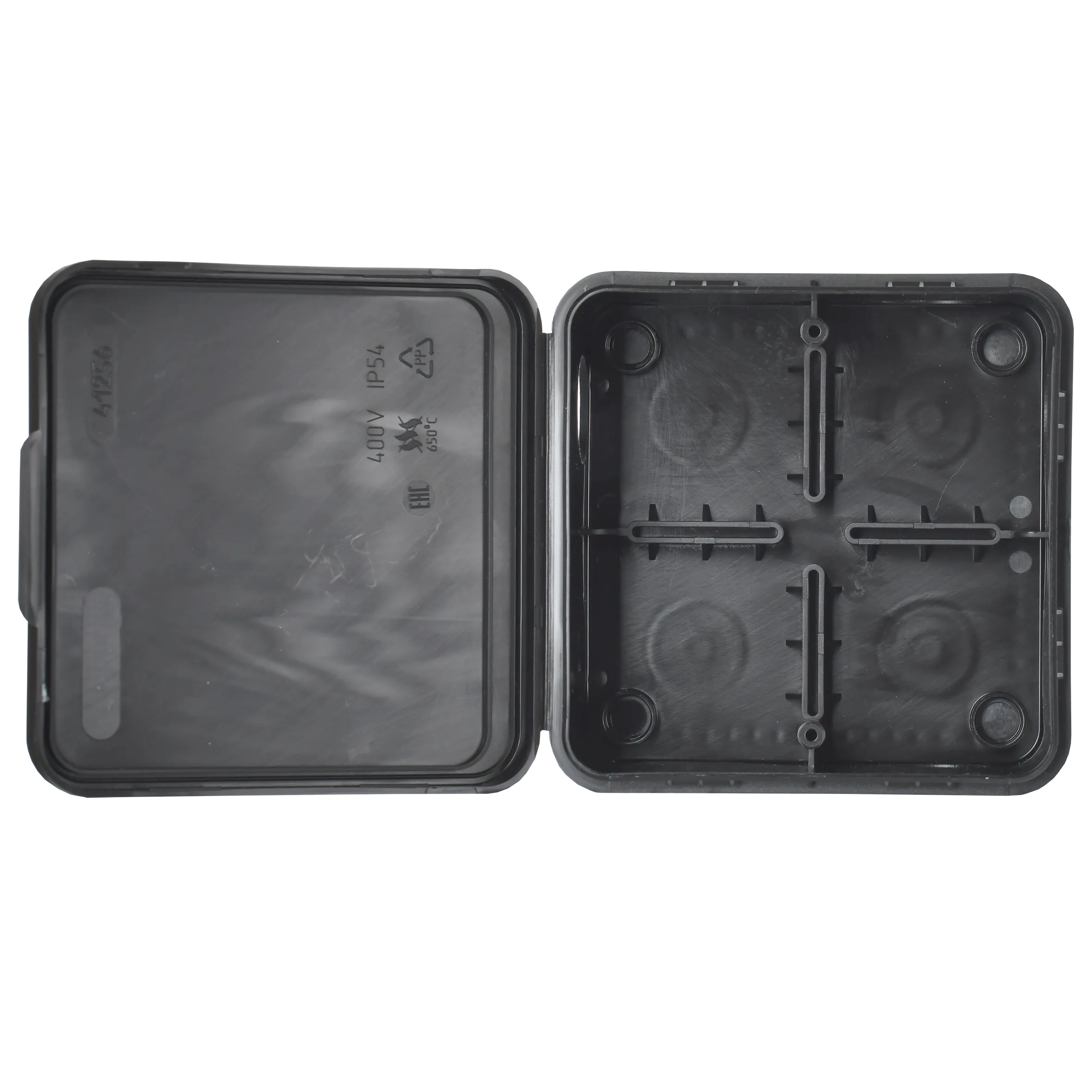 Коробка распаячная КМ41256 для открытой проводки с откидной крышкой безгалогенная (HF) 100х100х50мм IP54 8 гермовводов черная (RAL 9005) IEK - Фото 2