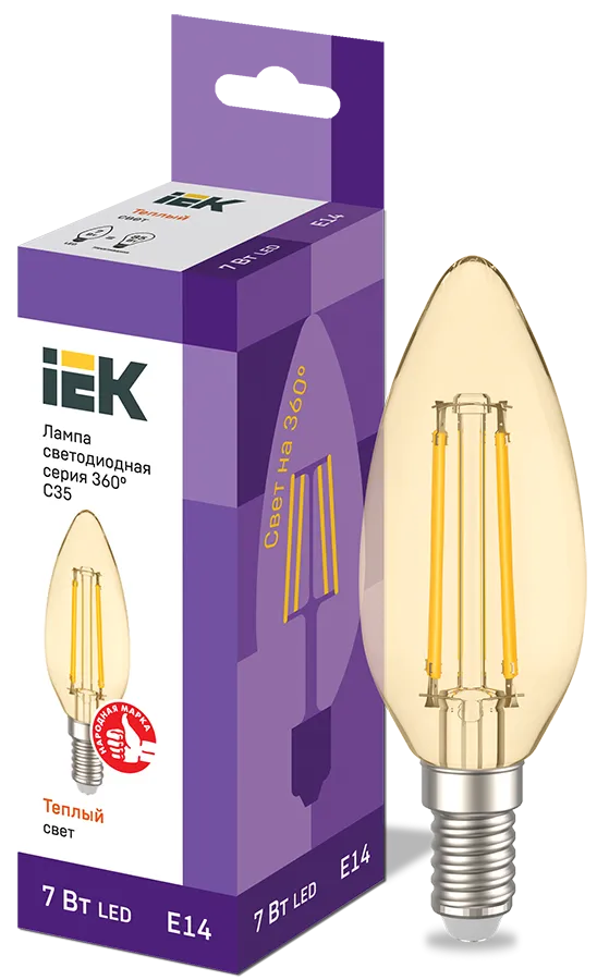 Лампа светодиодная C35 свеча золото 7Вт 230В 2700К E14 серия 360° IEK LLF-C35-7-230-30-E14-CLG
