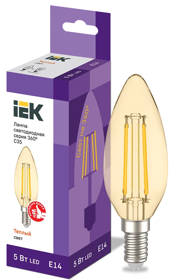 Лампа светодиодная C35 свеча золото 5Вт 230В 2700К E14 серия 360° IEK LLF-C35-5-230-30-E14-CLG