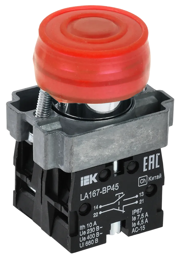 Кнопка управления LA167-BP45 d=22мм 1з+1р красная IEK