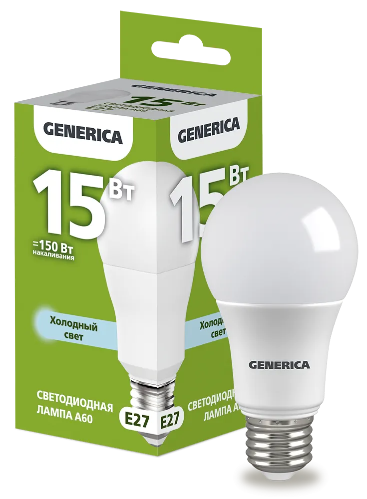 Лампа светодиодная A60 груша 15Вт 230В 6500К E27 GENERICA LL-A60-15-230-65-E27-G