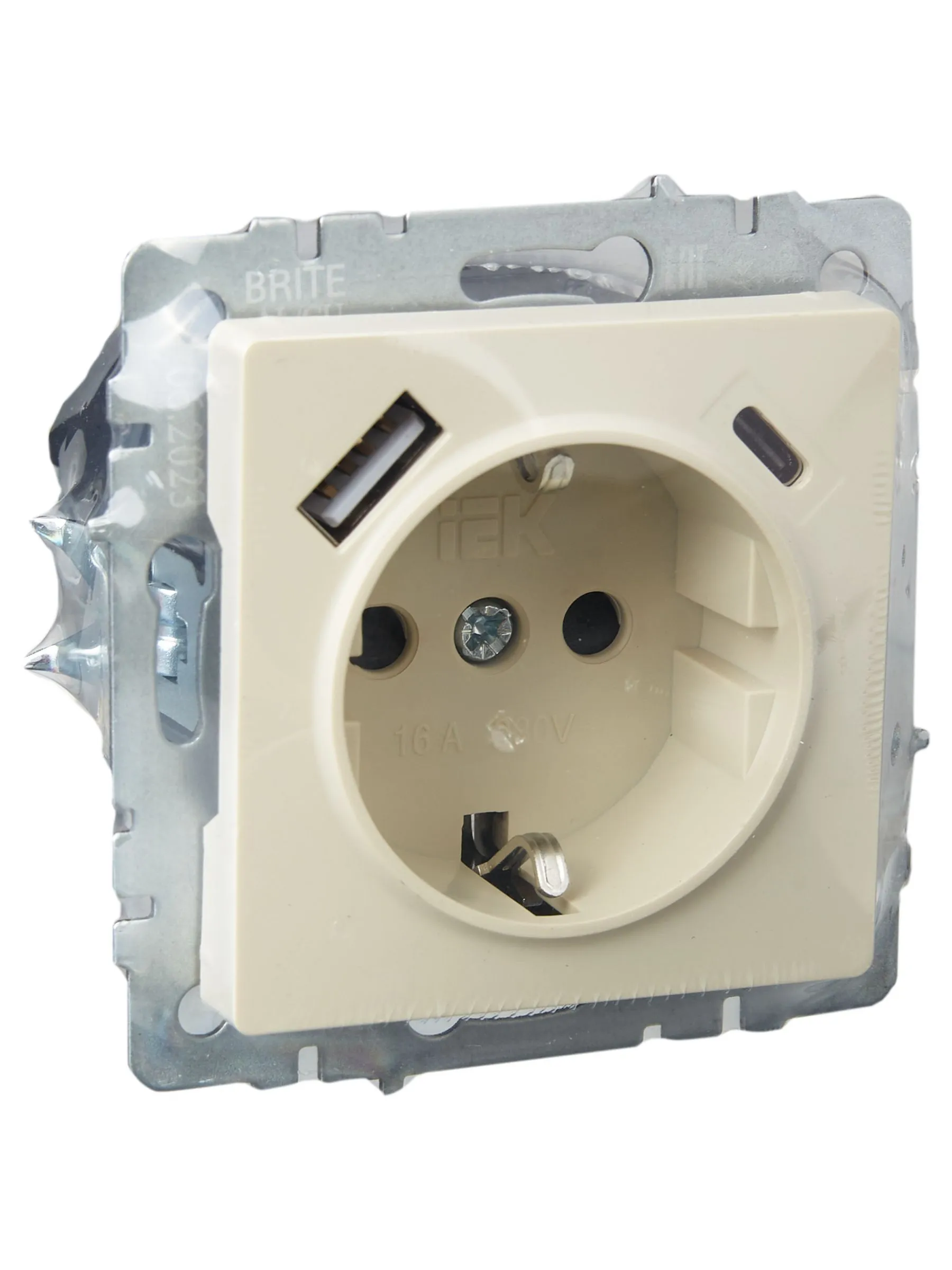 BRITE Розетка 1-местная с заземлением с защитными шторками 16А с USB A+C 18Вт РЮш11-1-БрКр бежевый IEK - Фото 4