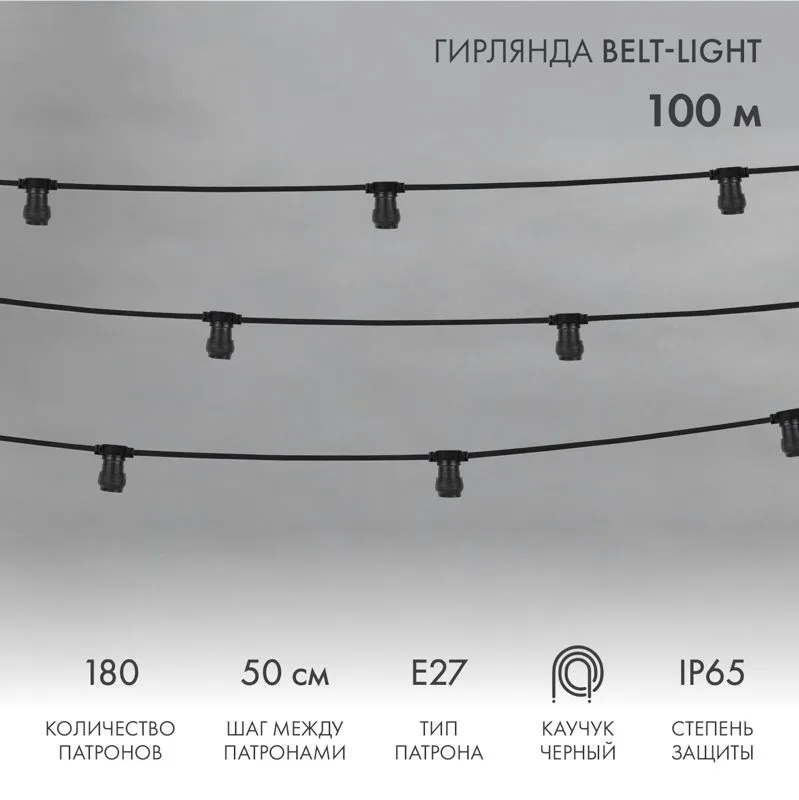 Гирлянда Belt-Light 2 жилы, 100м, шаг 50см, 180 патронов E27, IP65, черный провод NEON-NIGHT 331-213