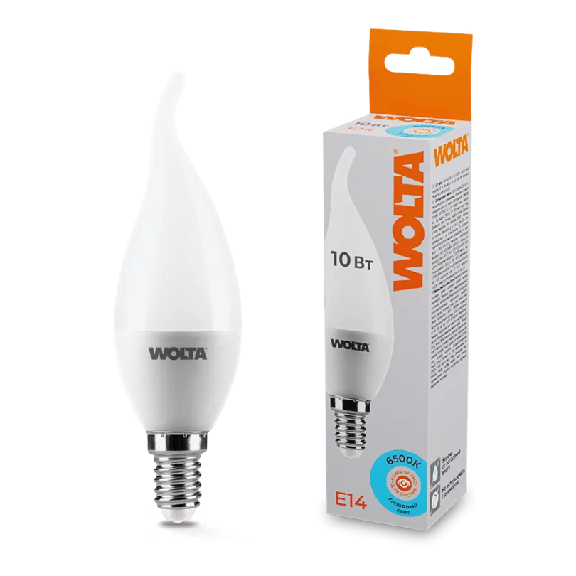 Лампа светодиодная "Свеча на ветру-CD37" 10Вт 825лм 6500К Е14 (50шт/уп) WOLTA