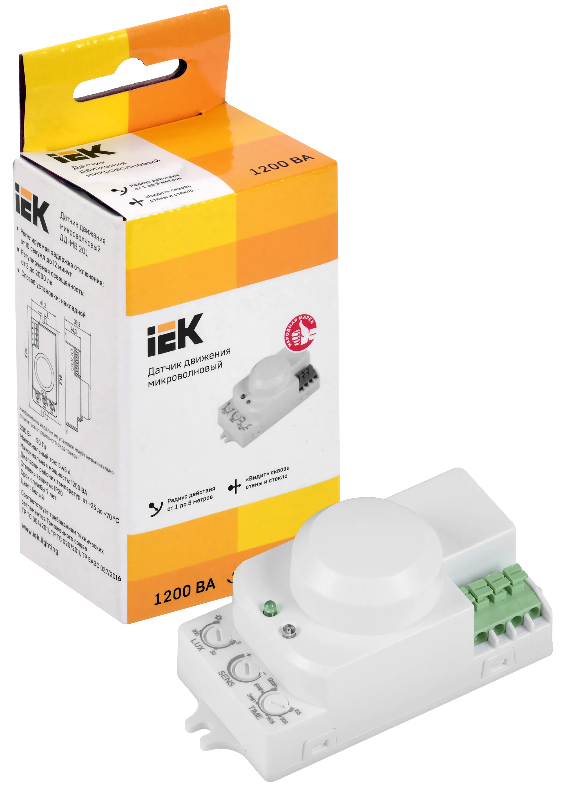 Датчик движения ДД-МВ201 1200Вт 360град 8м IP20 белый IEK - Фото 3