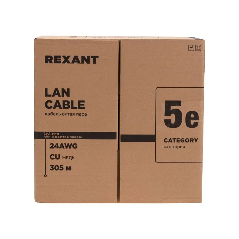 Кабель витая пара U/UTP, CAT 5e, PVC нг(А)-LS, 4х2х0,52мм, 4PR, 24AWG, INDOOR, SOLID, серый, 305м, РФ REXANT - Фото 2