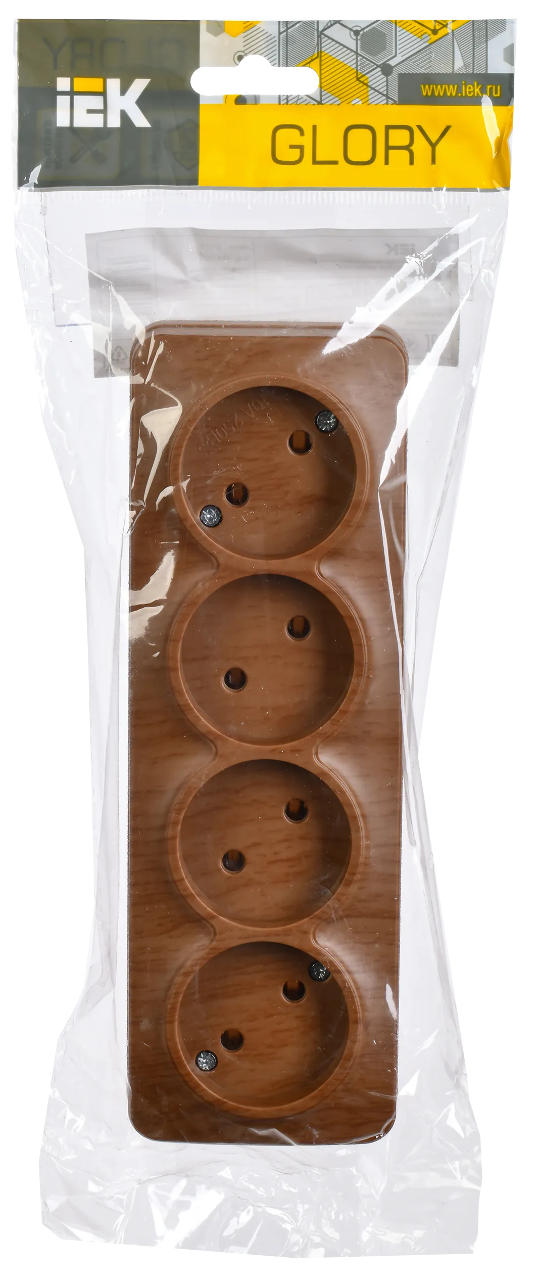 GLORY Розетка 4-местная для открытой установки без заземления без защитных шторок 10А РС24-2-ХД дуб IEK - Фото 2