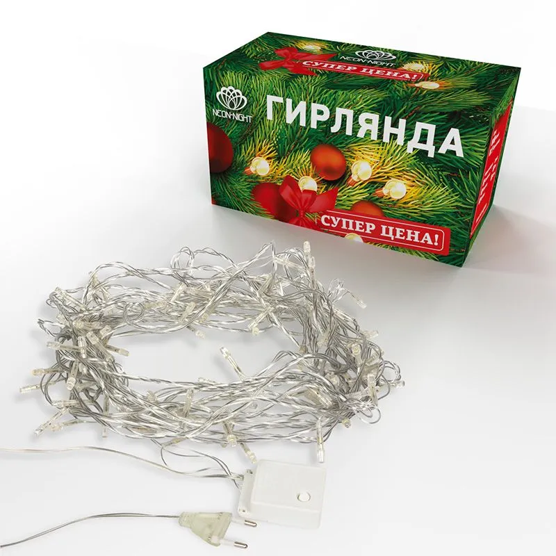 Гирлянда светодиодная универсальная 100 LED ТЕПЛЫЙ БЕЛЫЙ 10 метров, прозрачный ПВХ, с контроллером - Фото 3